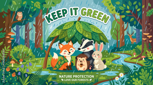 Keep It Green Nature Protection Love Our Forests Cartoon Illustration