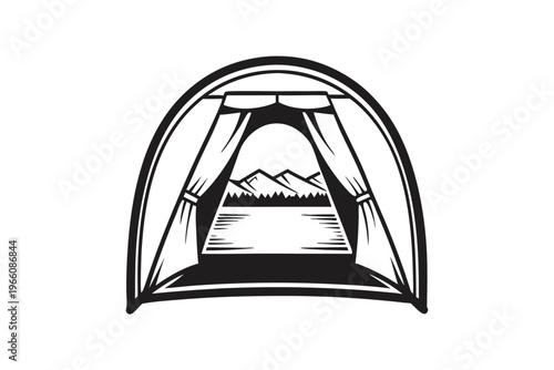 Scenic View of a Calm Lake from an Open Tent Door Silhouette Illustration