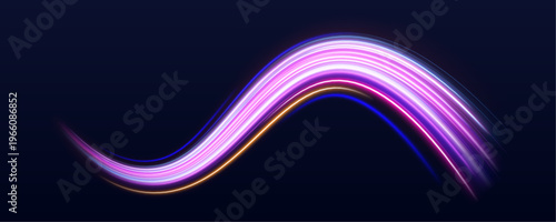 Yellow and violet glowing lines curve across urban expressway map. Motion blur adds speed and futuristic atmosphere. Clean vector art.