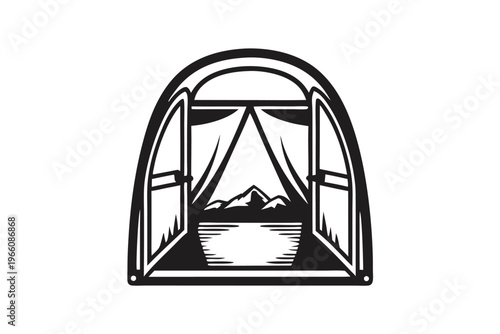 Black and White Silhouette of a Tent Entrance Facing a Sharp Mountain Peak