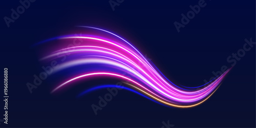 Fast glowing lines sweep across futuristic roadway scene. Light blur enhances motion and tech energy feel. Abstract illustration.