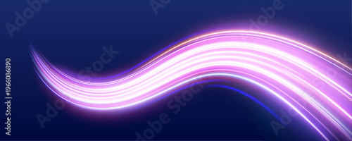 Neon violet streaks cut through night city environment. Motion trails show acceleration and digital energy. Modern vector design.