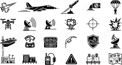 Military icons set diverse representations of warfare technology and defense systems