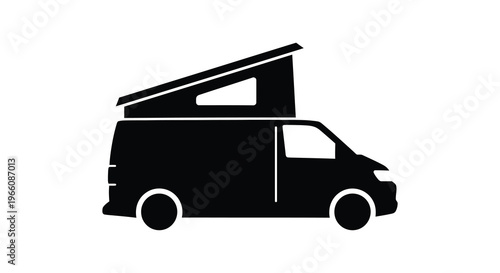 A black silhouette of a camper van with a pop top roof showcasing a mobile lifestyle and adventure silhouette high quality professional