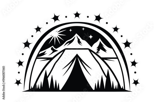 Snowy Winter Mountain Scene Viewed from a Warm Tent Door Silhouette