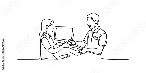 Continuous line drawing of a customer paying for a purchase at a retail shop checkout counter Vector, illustration