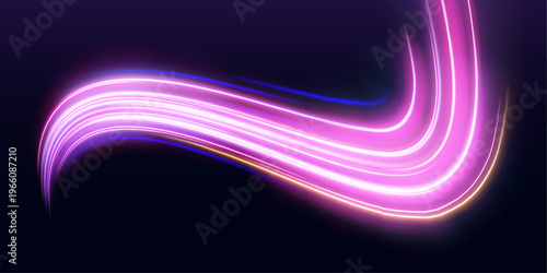 Multicolor light lines twist into dynamic shapes. Bright highlights enhance visual impact.