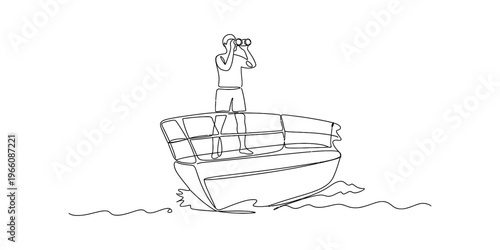 Continuous line drawing of a person standing on a boat deck looking through binoculars at the sea Vector, illustration