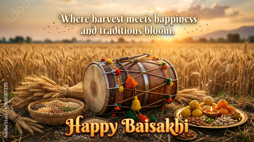 Cinematic Baisakhi Banner With Wheat Field And Dhol