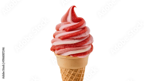 Φωτογραφία Swirled strawberry vanilla soft serve in a waffle cone, isolated on transparent