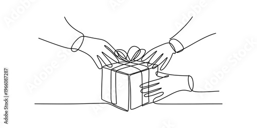 Continuous line drawing of multiple hands reaching out together to open a wrapped gift box present Vector, illustration