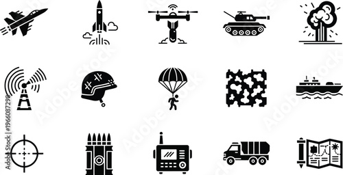 Military icons set a collection of warfare and defense related black silhouette symbols
