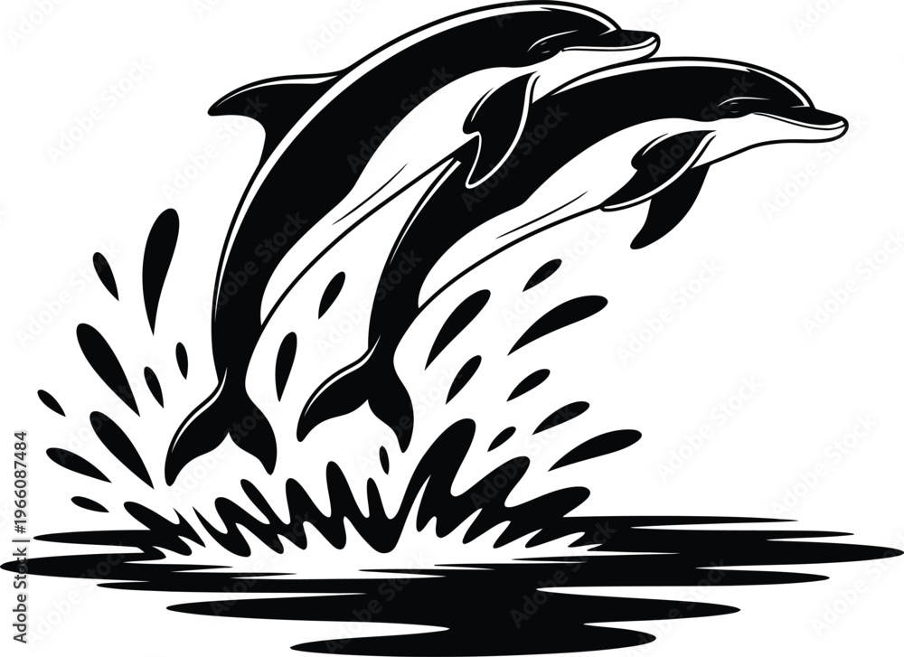 Obraz premium Two dolphins jumping out of the water, creating a splash, black and white vector illustration, stylized sea animals for logo or design element