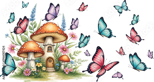 Whimsical illustration of mushroom house surrounded by colorful butterflies and flowers in a magical garden setting