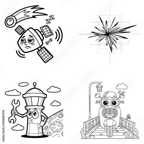 Whimsical space, mechanical, and abstract coloring designs with satellite and truck, fire hydrant