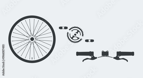 Essential bicycle parts laid out including a wheel, gears, handlebars, and brake levers, illustrating cycling mechanics and maintenance, isolated on a light gray background.