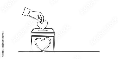 A continuous line drawing of a hand placing a heart symbol into a donation box for charity work Vector, illustration