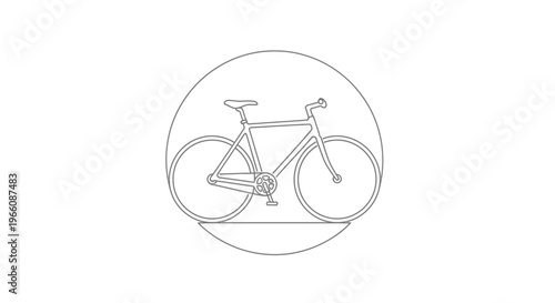 Minimalist line art illustration of a classic bicycle framed within a clean circular shape, symbolizing healthy lifestyle and eco-friendly urban transportation on an isolated white background.