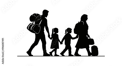 Silhouette of a loving family, father, mother, and two children, walking together with luggage, symbolizing travel, migration, and family journey on an isolated white background.