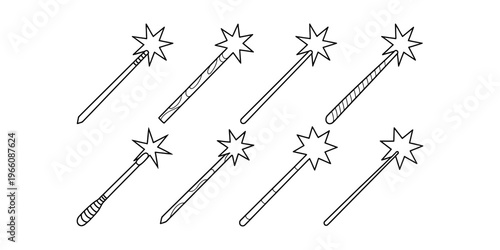 A collection of eight unique magic wand illustrations designed in a simple black and white style Vector, illustration