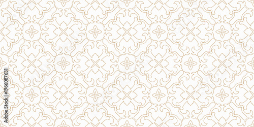 Vector abstract geometric seamless pattern in european renaissance style. Elegant gold and white background with curved lines, shapes, flowers. Luxury lace texture. Design for decor, wallpaper, print