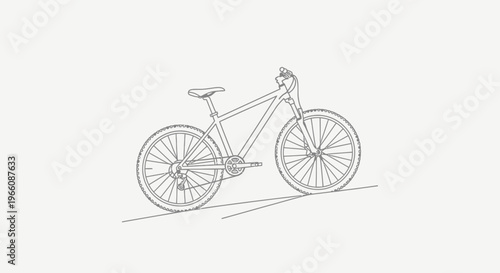 Line art drawing of a modern mountain bicycle, for outdoor adventure and sport, on a bright studio background.