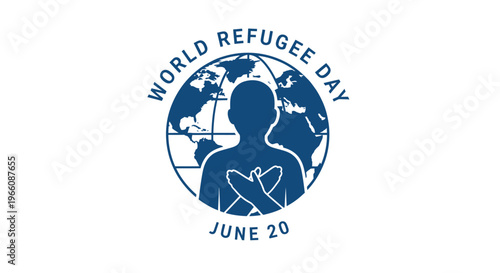 World Refugee Day graphic with a globe, a person silhouette, and hands forming a heart, raising awareness on June 20, on an isolated white background.