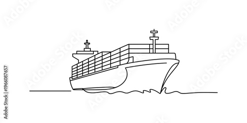 A simple continuous line drawing of a large cargo ship sailing across the ocean surface waves. Vector, illustration
