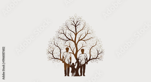 Silhouette of a loving family integrated into a tree with roots, symbolizing connection and heritage on a warm gray background.