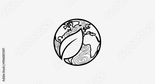 Line art icon of an Earth globe with a leaf and swirling patterns, symbolizing environmental care and ecological balance on a light gray background.