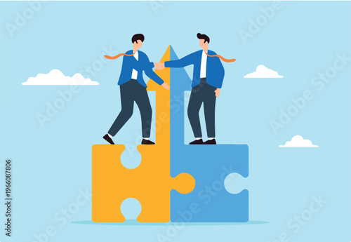 Two businessmen shaking hands on connected growth arrow puzzle pieces, illustrating joint venture or business partnership. Concept of share resources and work together to common goal