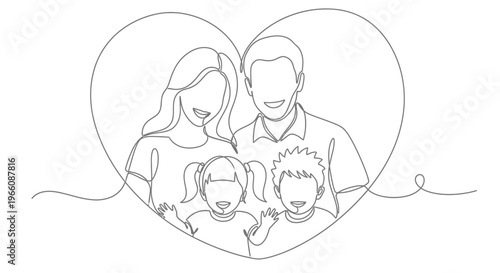 Continuous line art of a loving family with parents and two children embraced by a heart shape, symbolizing unity and protection, isolated white background.