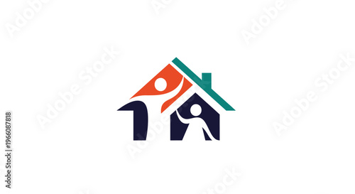 Abstract house logo with integrated stylized human figures, symbolizing home, family, and community support, isolated white background.