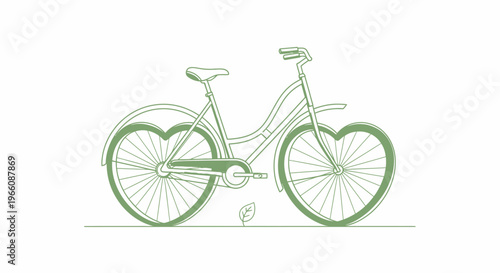 Green bicycle with heart-shaped wheels and a leaf, symbolizing eco-friendly transportation and love for nature, isolated white background.