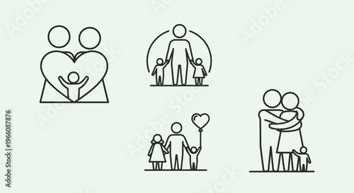 Set of line art icons illustrating diverse family structures and loving relationships on a light green background.