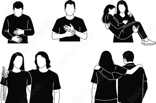 Black silhouette portraits diverse poses and emotional expressions