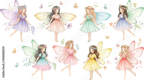 Eight colorful fairies with delicate wings and dresses standing in two rows on white background