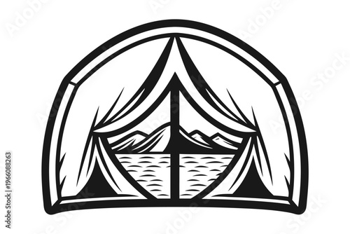 Misty Mountain Valley View from the Perspective of a Tent Door Silhouette