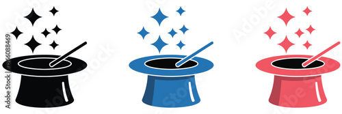 Magic Hat Wand Icon Set, Multiple Style Collection, Wizardry Symbols, Fantasy Icons, Magical Tools Illustration, Enchantment Concept, Sorcery Graphics, Spell Casting Icons, Fairy Tale Elements, Mystic