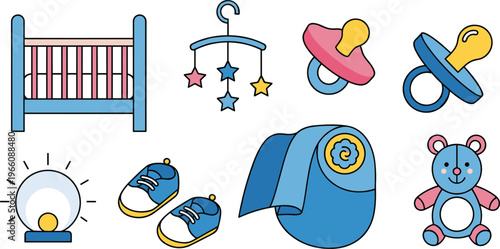 Baby Nursery Essentials Set Featuring Crib, Pacifiers, Mobile, Shoes, Bear, and Blanket for Infant and Toddler Illustrations