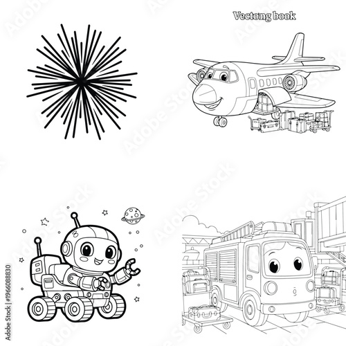 Cartoon line art collection for coloring book: starburst, airplane, rover, truck, cartoon character
