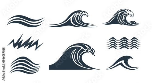 Stylized ocean waves in various forms a dark blue graphic illustration