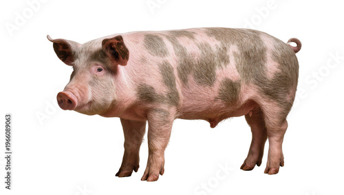 Foto Pink and grey spotted pig standing in profile, isolated on transparent backgroun