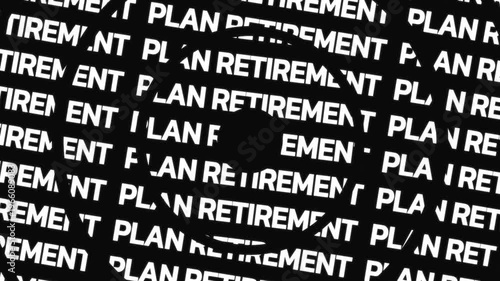 Rotating circular text animation displaying plan retirement phrase arranged in concentric motion with central empty space for overlay content.
