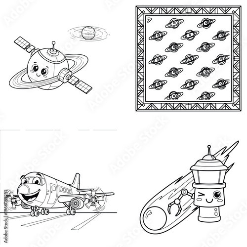 Cartoon planets, saturn, airplane, rocket, and space station for kids coloring pages, cartoon planet