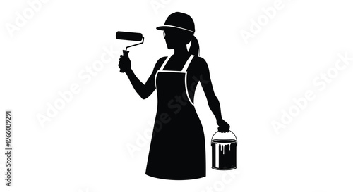 A painter stands holding a roller and paint can depicted in a striking black silhouette high quality professional detailed modern elegant