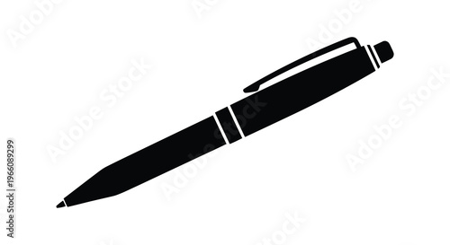 A striking black and white image depicts a classic ballpoint pen sharply defined in a distinct silhouette high quality professional detailed