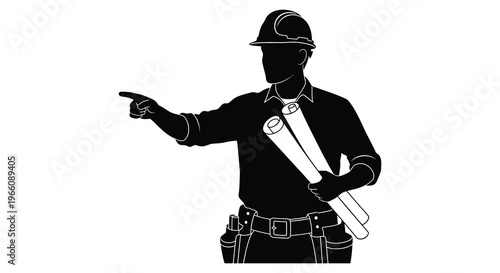A black silhouette depicts a construction worker pointing forward while holding blueprints showcasing professional expertise silhouette high quality detailed modern elegant