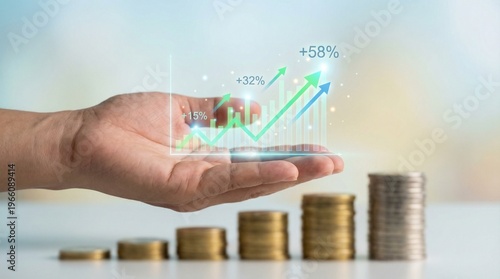 Hand holding transparent screen with rising financial graph and coins stacks on table