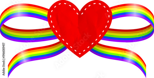 Classic Red Heart Sticker on Rainbow Pride Parade Ribbon